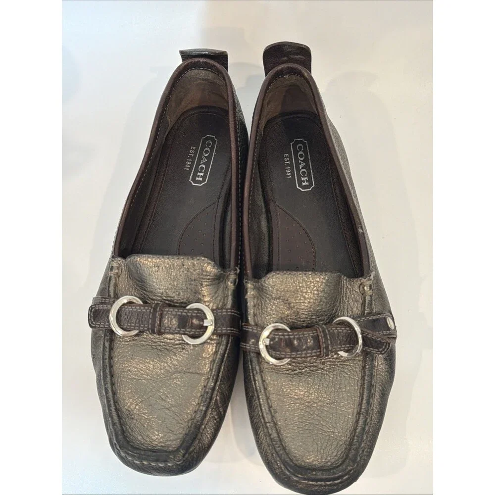 Coach Jillian Driving Shoes Leather Loafers Womens 10 Gunmetal Gray Metallic Moc